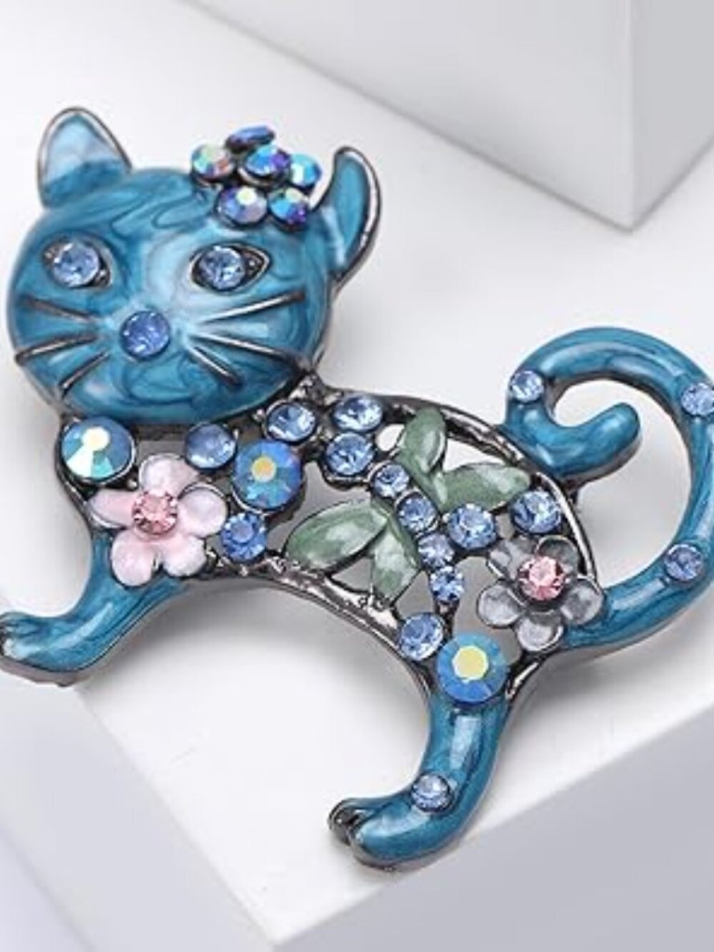 Cloisonne Style Enamel Cat Brooch Pin Flowers Rhinestones New